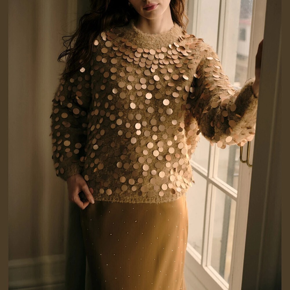 Tan Sequin Embellished Knit Round Neck Loose Fit Sweater